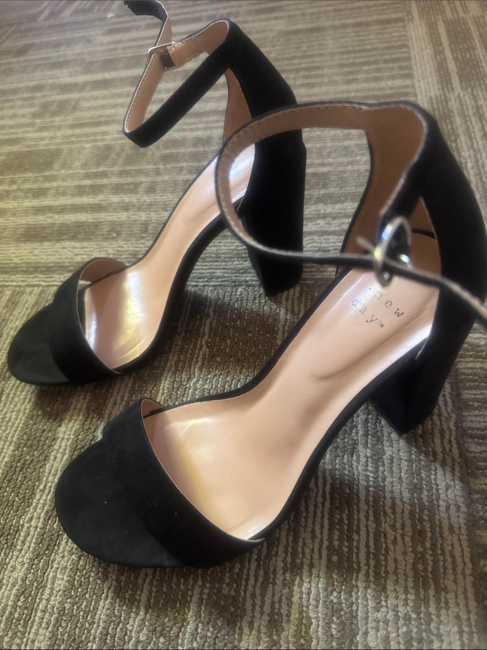 a new day Black Suede-Look Ankle Strap Block Heels Sandals 7W Wide Classic Style